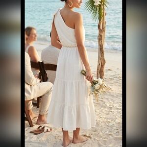 Anthropologie White One Shoulder Tiered Midi Dress  Boho Bridal Grecian